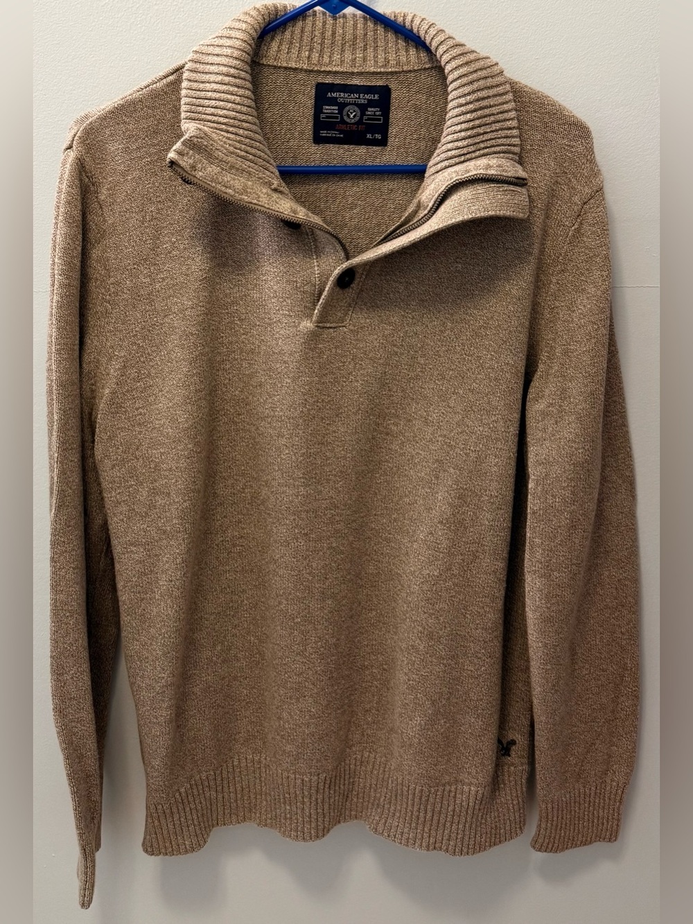 American Eagle Outfitters Men's Tan Zip-Up Shawl Collar Sweater